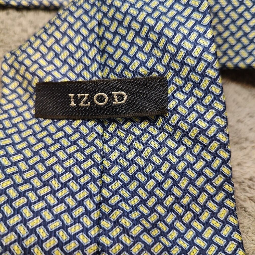 Izod Men's Necktie Tie 100% Silk Designer Navy Lime and Steel Grey 60x4" Busines - Picture 4 of 5